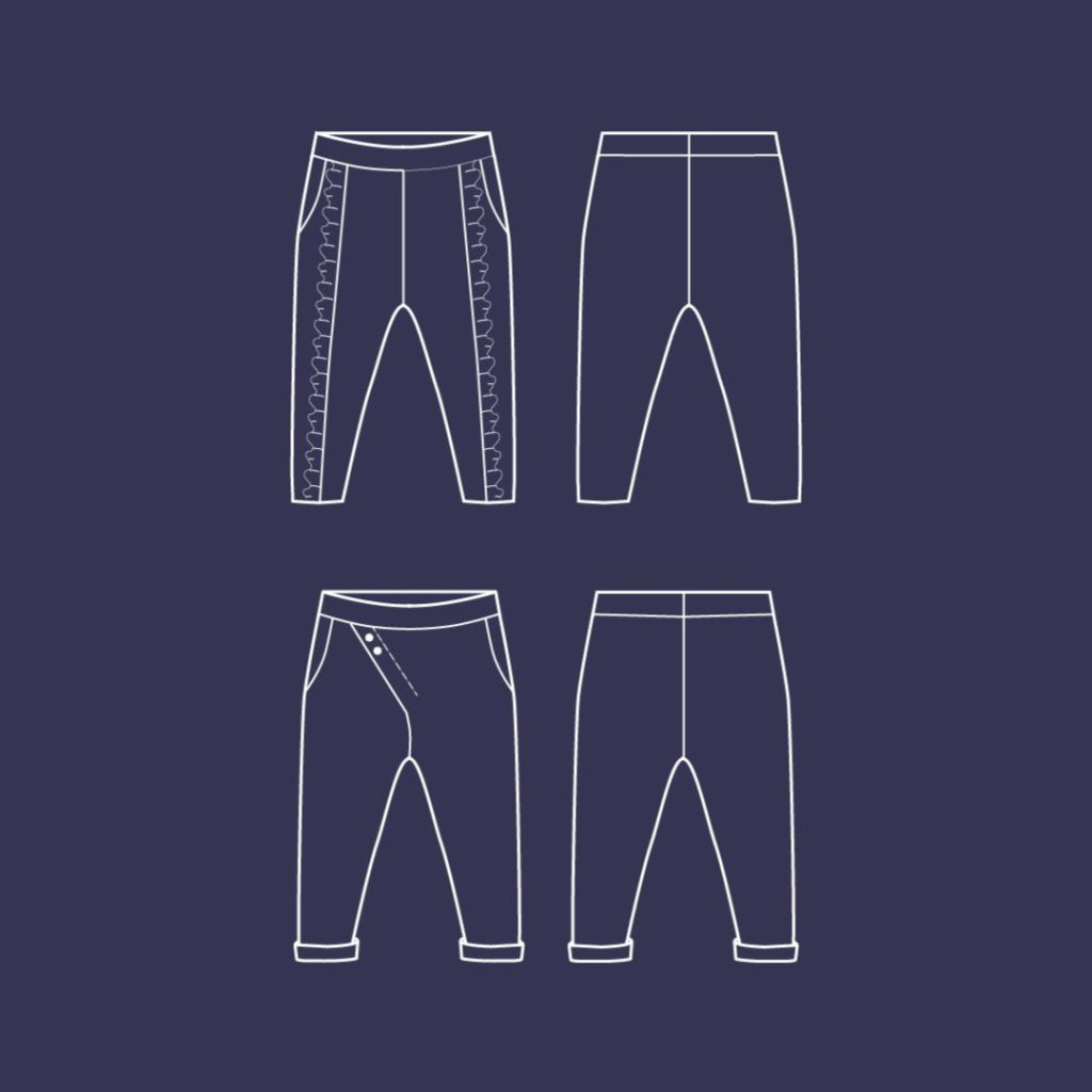 technical drawing of the two trousers, on top is the Candy trousers with frills, the Cord trousers are on the bottom