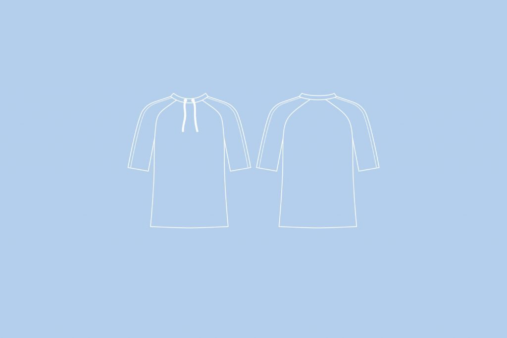 White drawing on blue background of the "Maike" Shirt. Front and back view