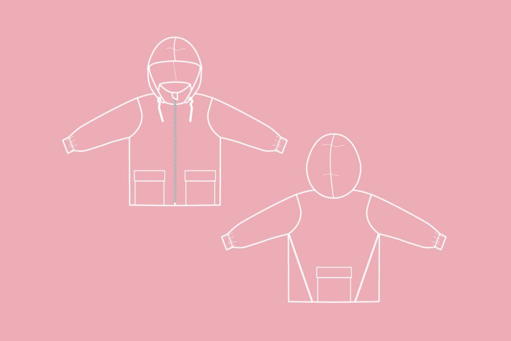 Technical drawing of the coat, white lines on pink background