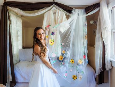 Machine embroidered flowers on tulle wedding veil