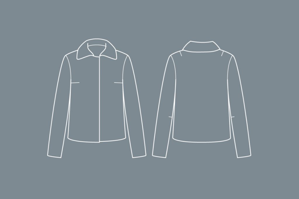 technical drawing of the free sewing pattern, the jacket "Teddy". The drawing shows the horizontal darts on the front piece, the back shoulder darts and a dart in the sleeve at the height of the ellbow, which gives the sleeve its shape.