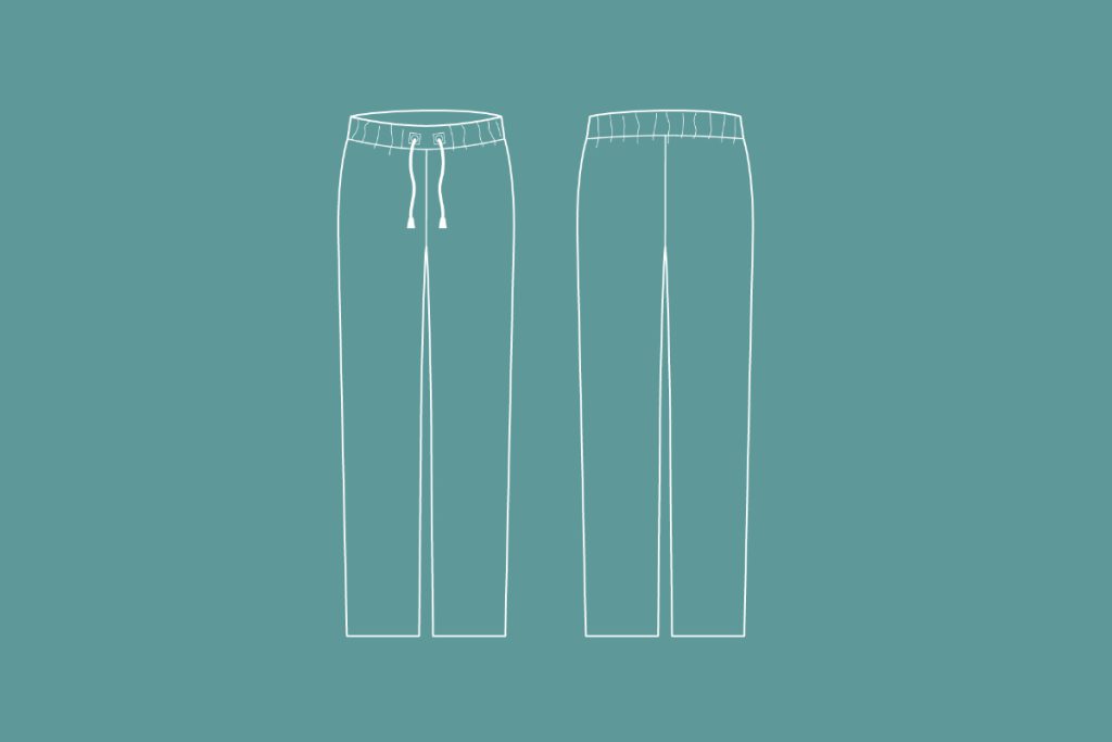 Technical drawing of the pants "Vicky" which show the front and back view.